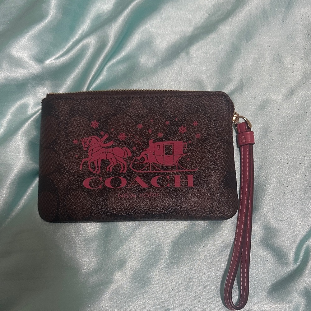 Coach Brown Wristlet with Pink Logo and Strap